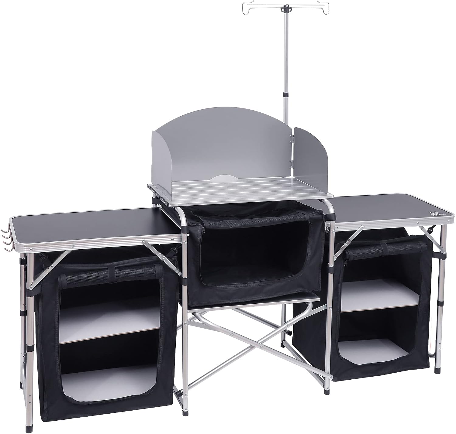 Outdoor Camping Cooking Table - 折りたたみ式キャンプキッチンテーブルクックステーションアップグレードライトスタンドウィンドシールド3つのオーガナイザーキャリーバッグ付き屋外ビーチバーベキューピクニッククッキングセットアップ、シルバー