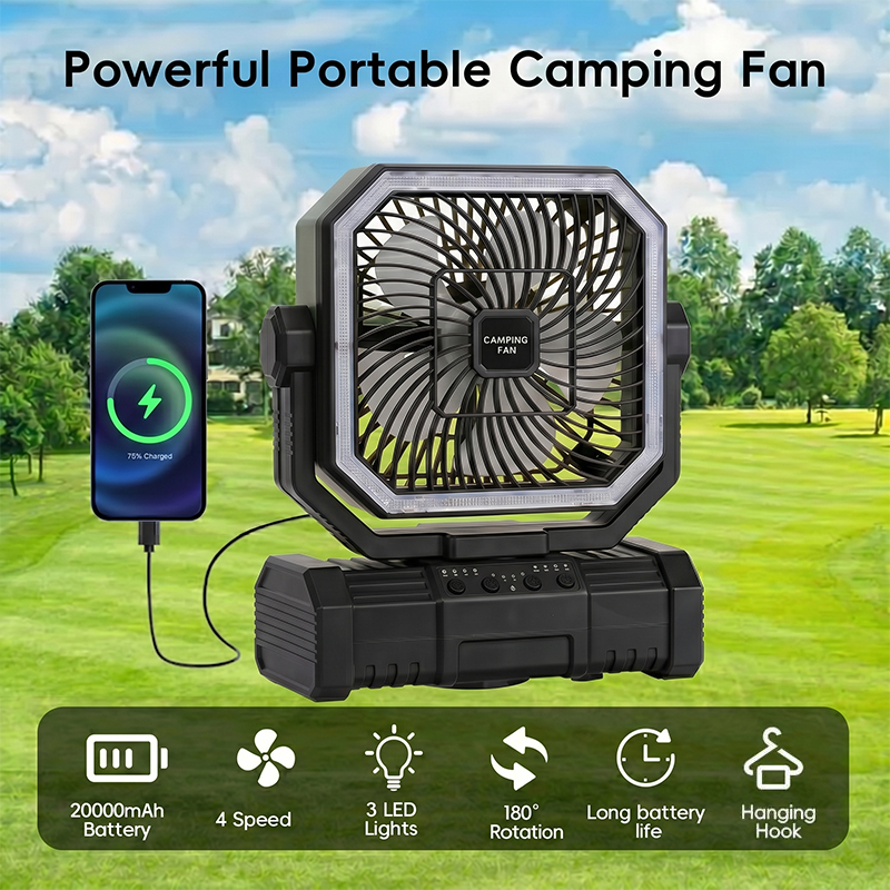 Outdoor Camping Misting Fan - 20000mAh キャンプ用天井ファン 充電式バッテリー駆動ポータブルファン 吊り下げフック付き LEDランタン＆リモコン付き 屋外テント用