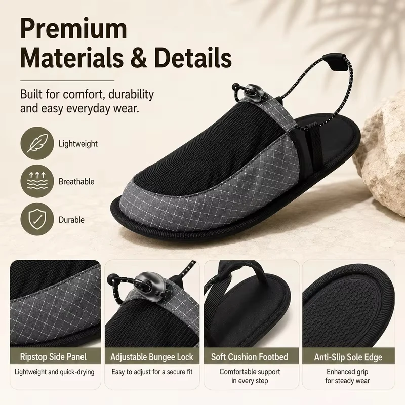 Outdoor Camping Slippers - 超軽量折りたたみ式アウトドアキャンプスリッパ 男女兼用 速乾性 滑り止め ポータブル 旅行