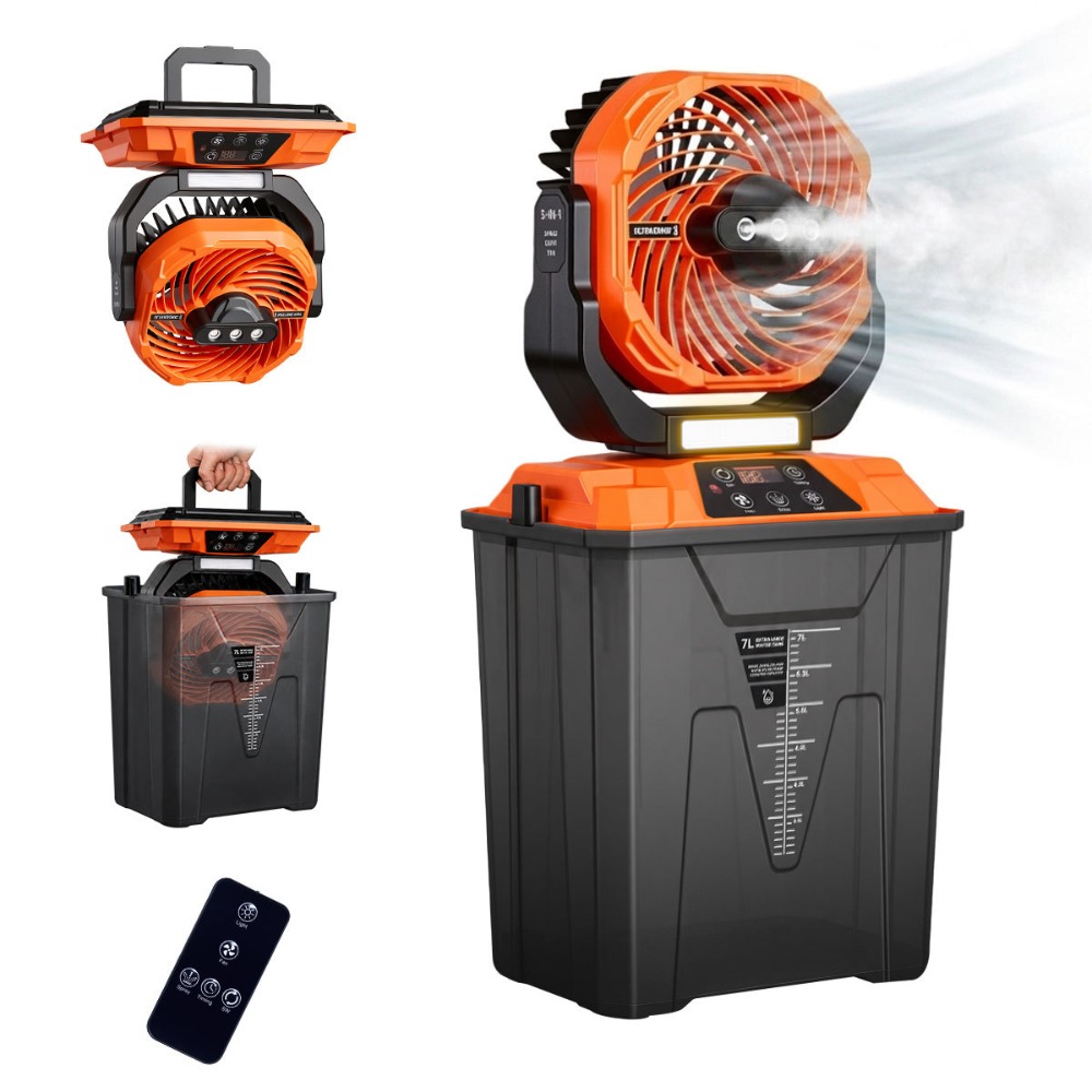 Outdoor Camping Misting Fan - 大型水槽スプレーキャンプファン、スケールステッカー付きリモコン、クールミストファン、ポータブルLEDライト、屋外電動ファン