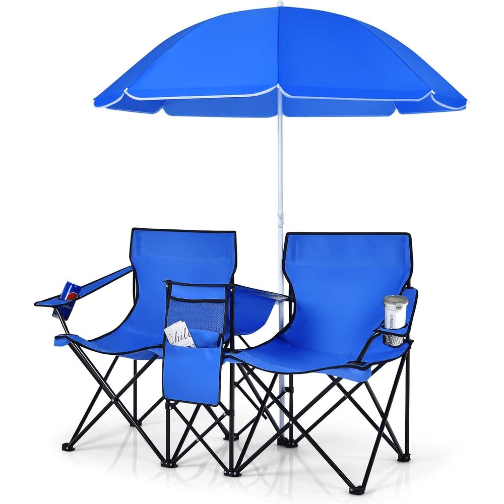 Outdoor Camping Table And Chairs - 持ち運び可能な折りたたみ式ピクニックチェア、取り外し可能な傘、クーラーバッグ、カップホルダー付き、ビーチやキャンプに最適、ブルー