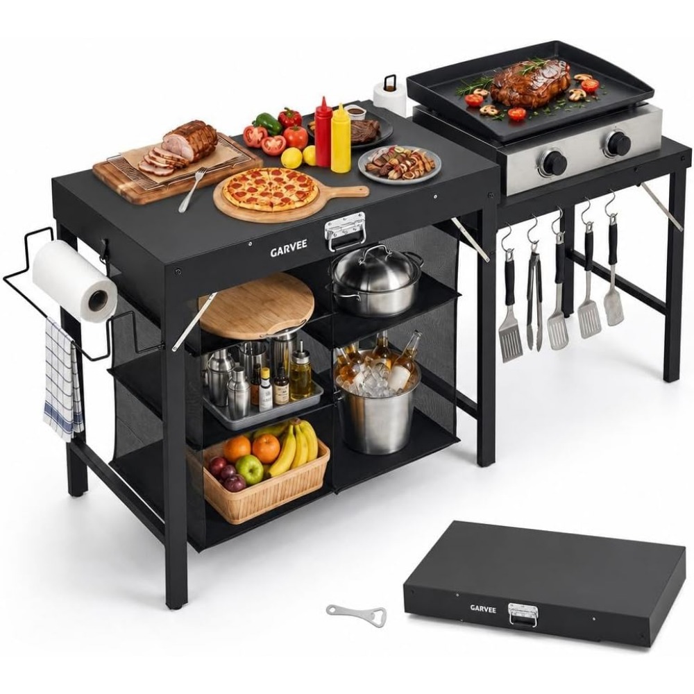 Outdoor Camping Cooking Table - 折りたたみ式メタルグリルテーブル（サイドエクステンションと収納付き）、キャンプやパティオでの調理に最適なポータブル屋外BBQカート