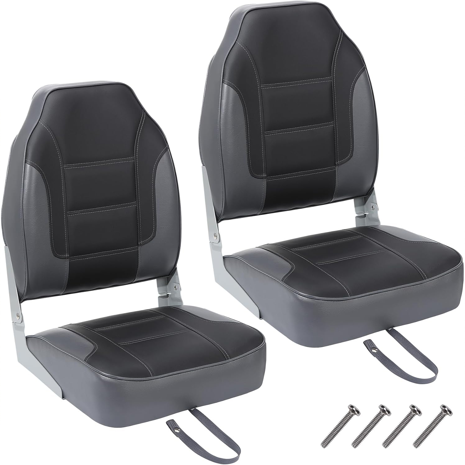 Folding Chair - 2パック折りたたみ式ボートシート、ハイバックフィッシングボートシート、厚いスポンジパッドとヒンジ付きの快適なボートチェア、ダークグレー