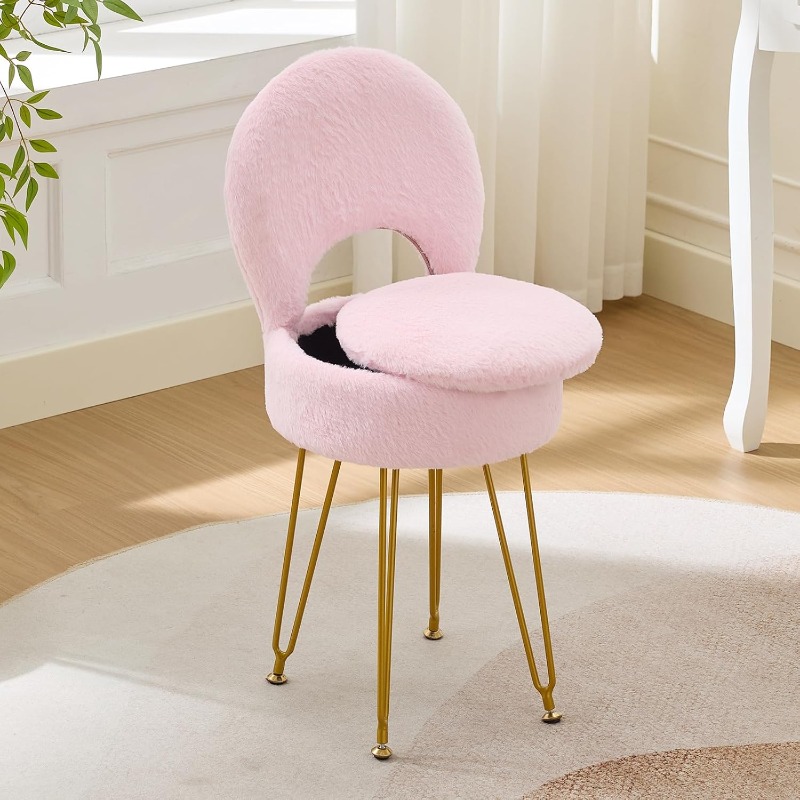 Folding Chair - フェイクファー ホワイト スモール バニティチェア＆スツール - 折りたたみ式バック収納オットマン、滑り止めゴールデンV字脚、寝室の化粧室用