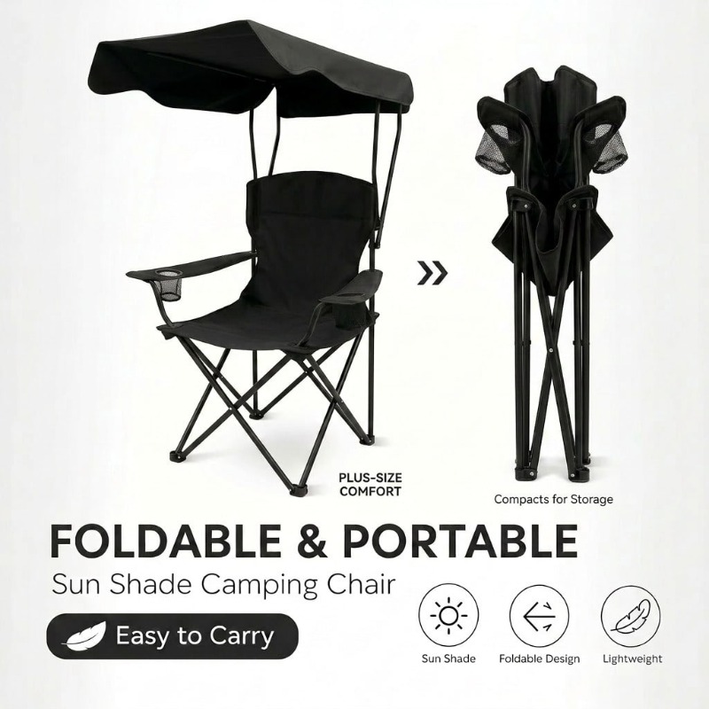 Outdoor Activities In Camping - 日よけ付きアウトドアキャンプチェア、折りたたみ式で持ち運び可能、アームレスト、カップホルダー、キャリーバッグ付き、ポータブルラウンジチェア、キャンプ、ビーチ、釣り、ピクニック、その他のアウトドア活動に最適。 カテゴリー：アウトドアチェア