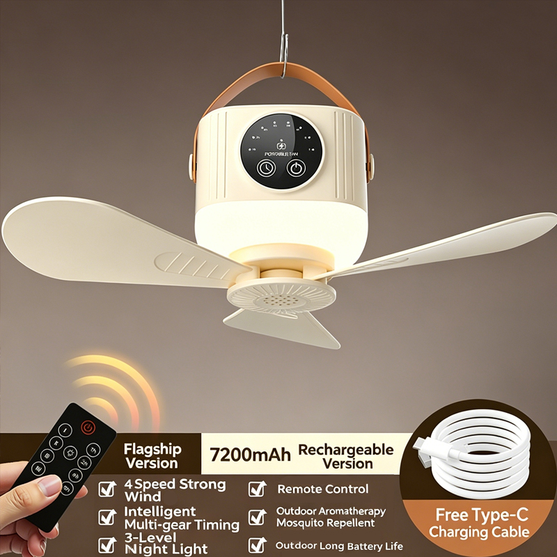 Outdoor Camping Misting Fan - 7200mAh ポータブル充電式天井ファンワイヤレス USB 吊り下げファンナイトライト学生寮のベッド屋外キャンプ用