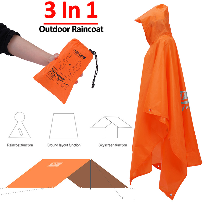 3 で 1 屋外レインコートフード付きスリーブロング防水レイ - Camping Rain Poncho のレビューと価格