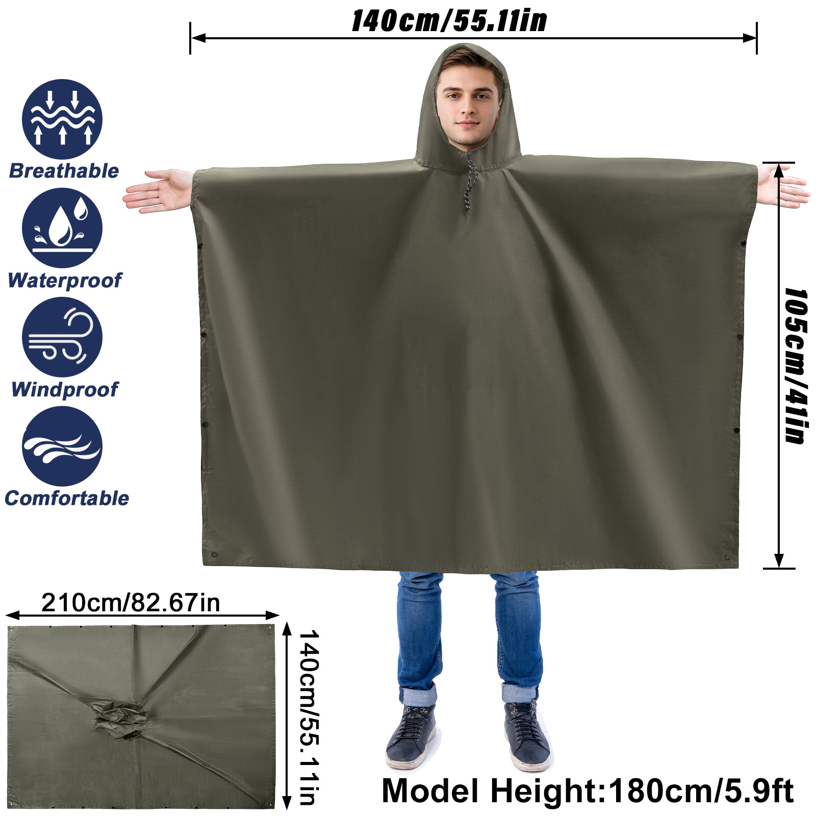 大人用レインポンチョ 軽量防水レインコート フード付き レイ - Camping Rain Poncho のレビューと価格