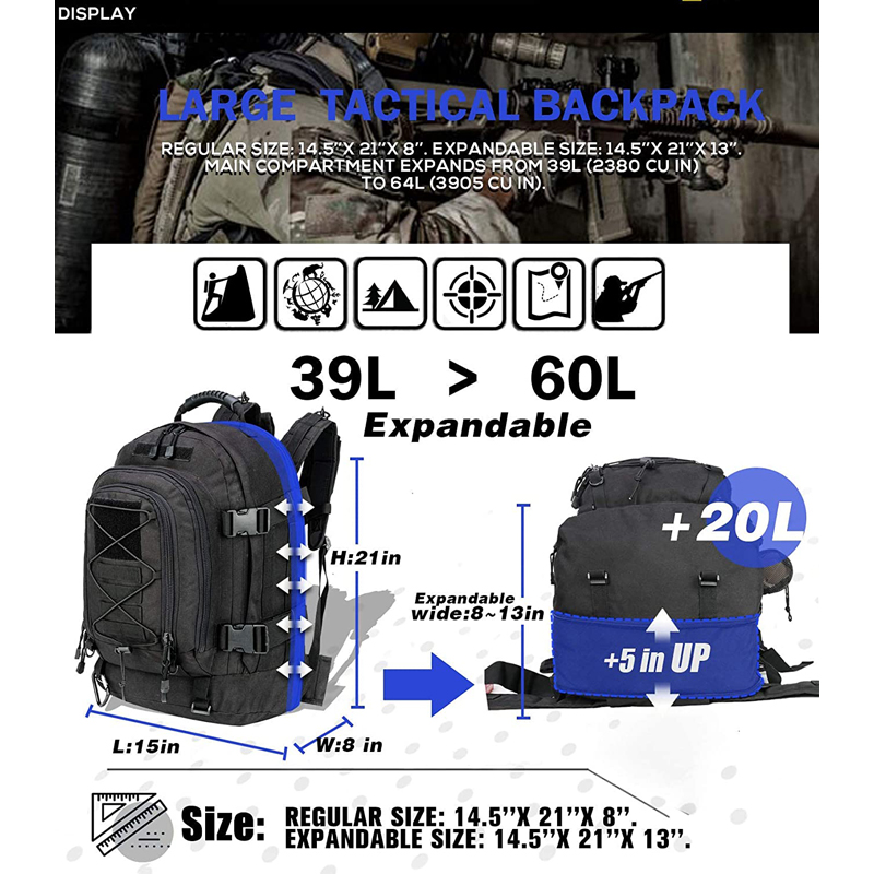 65L ミリタリーバックパック メンズ用、モールタクティカル - Lightweight Backpack 65L のレビューと価格