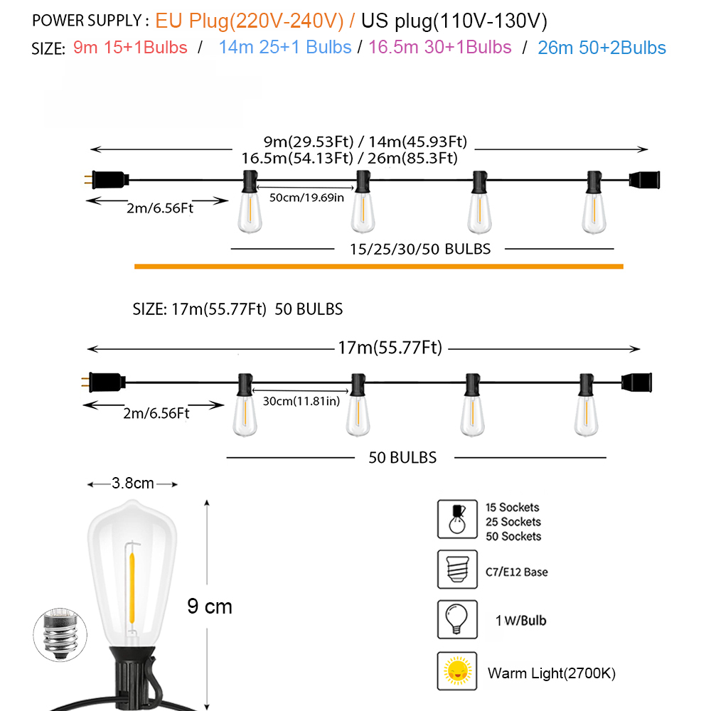 屋外装飾用LEDストリングライト,パティオ,庭,テラス,結婚 - Outdoor Camping Lights String のレビューと価格