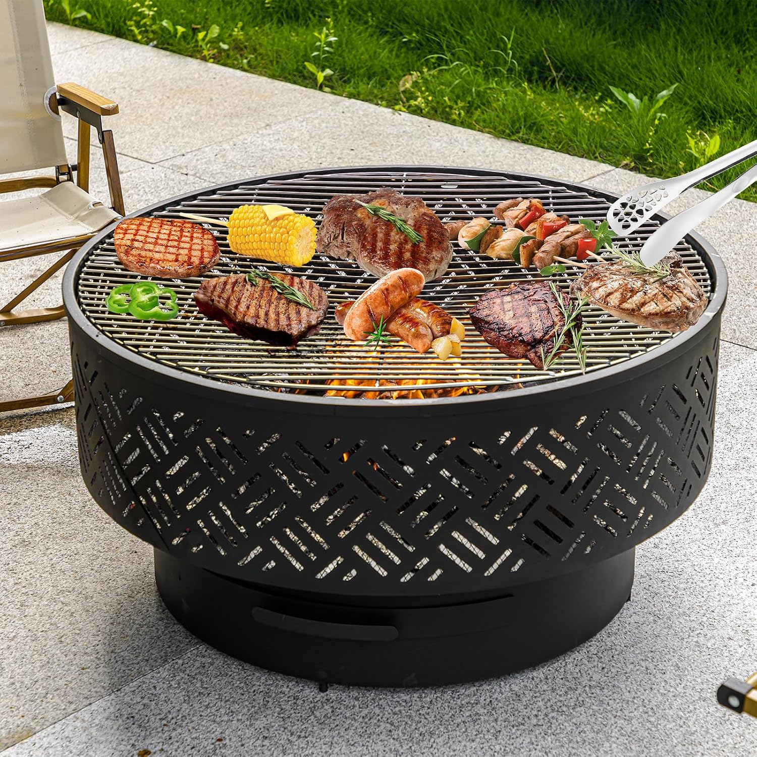 32インチ丸型金属製薪焚きファイヤーピットテーブル、BBQ調 - Outdoor Camping Cooking Table のレビューと価格