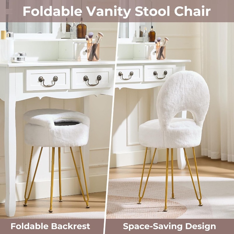 フェイクファー ホワイト スモール バニティチェア＆スツール - Folding Chair のレビューと価格