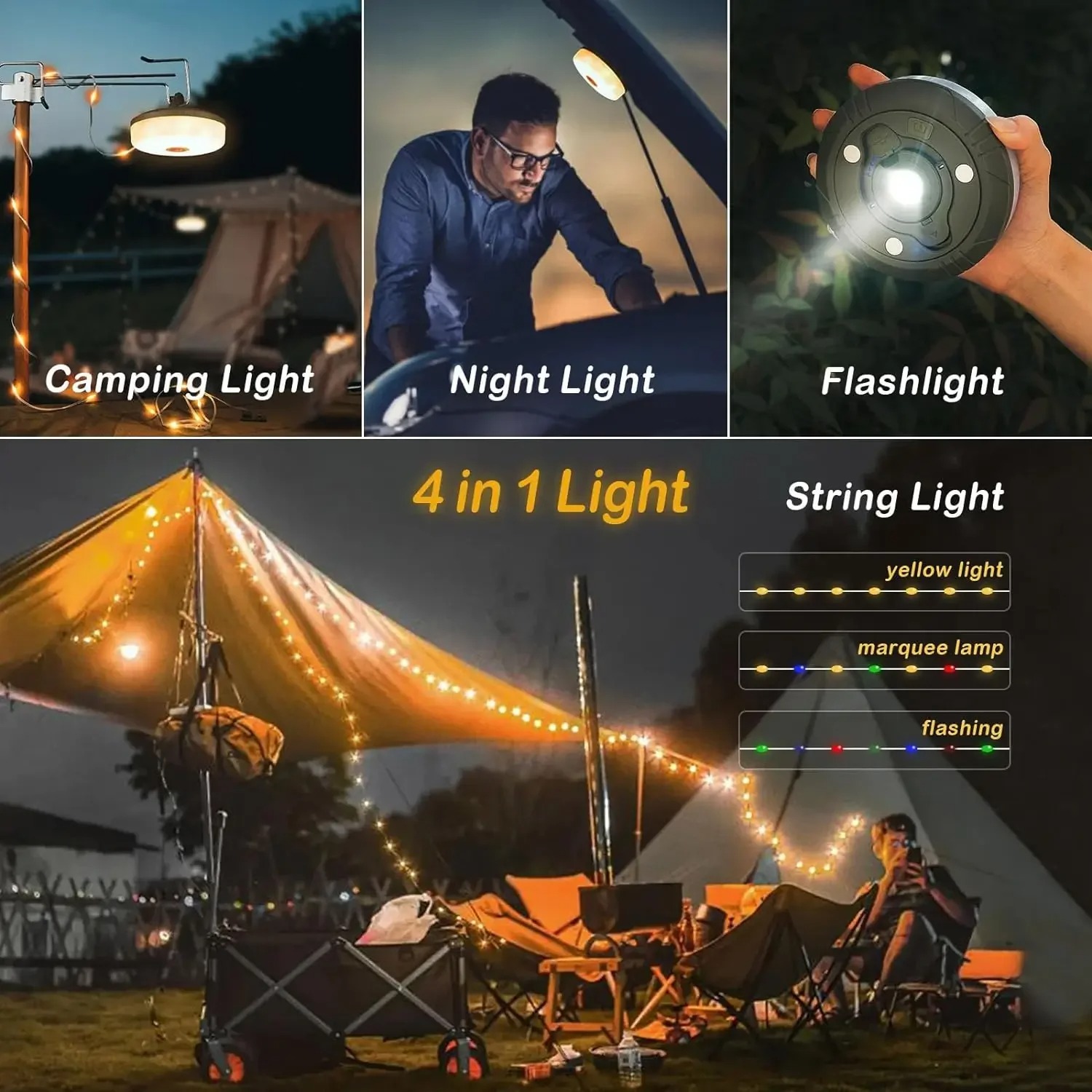 4-in-1 キャンプライト LED リールストリングライト - Outdoor Camping Lights String のレビューと価格